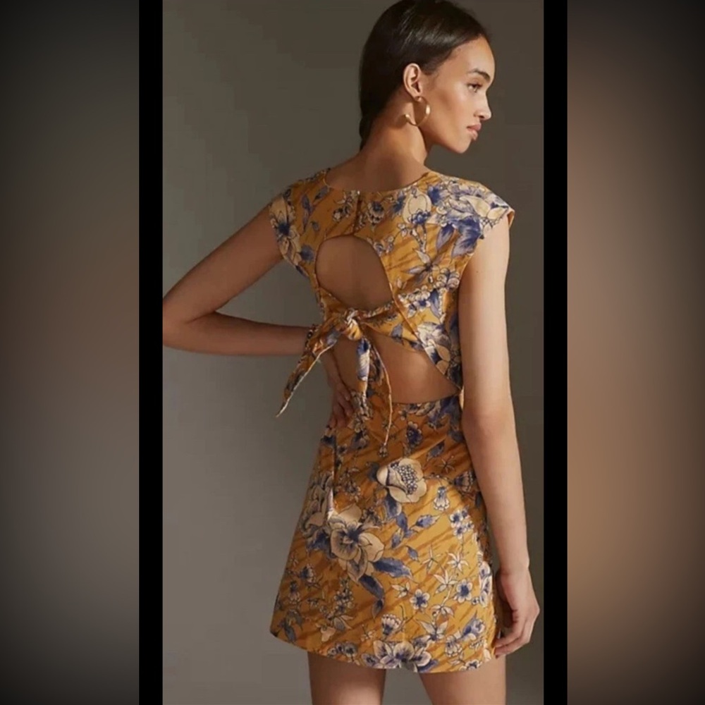 ANTHROPOLOGIE Tie Back Dress Boho Cap Sleeves Gold Blue Open Back Mini Plus 22W - Picture 2 of 12